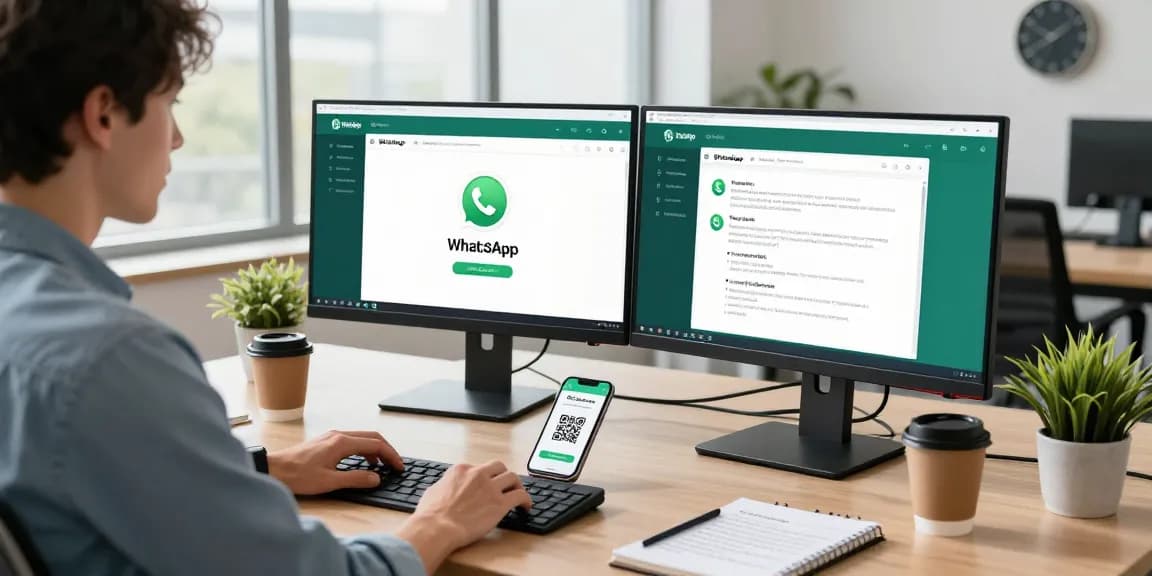 Professional user utilizing WhatsApp 網頁版 in a modern tech workspace with dual monitors and natural lighting.
