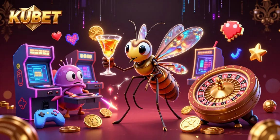 KUBET casino mascot animated in a vibrant digital illustration, showcasing colorful gaming elements and dynamic casino atmosphere.