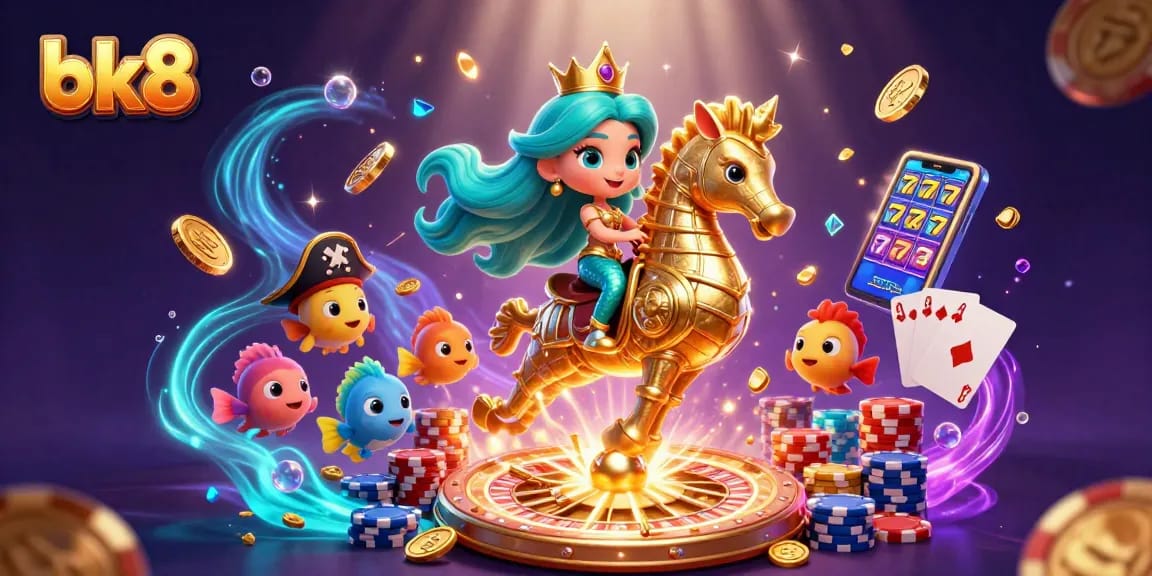 Win big at bk8 with a vibrant, dynamic 3D casino scene filled with characters, coins, and game elements.