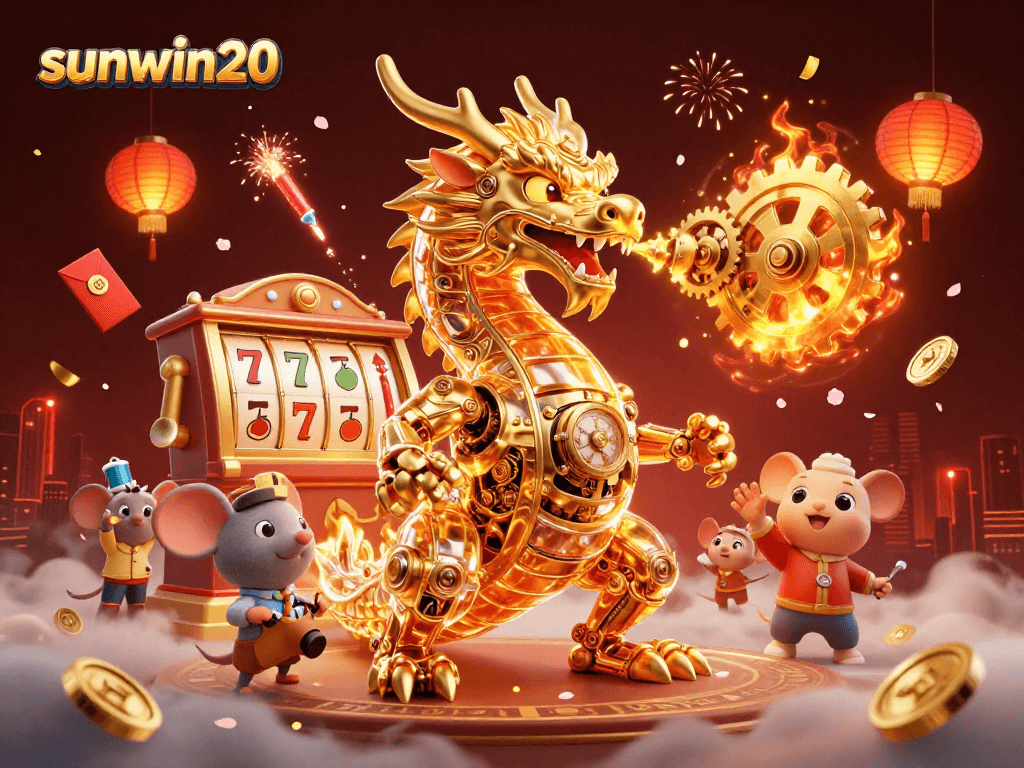 Experience fortune with sunwin20 in this vibrant casino illustration featuring a golden dragon.