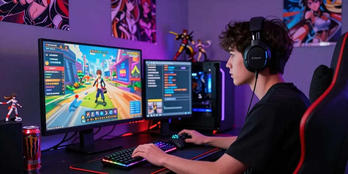 Engaged player enjoying a hentai game with vibrant visuals and gaming gear.