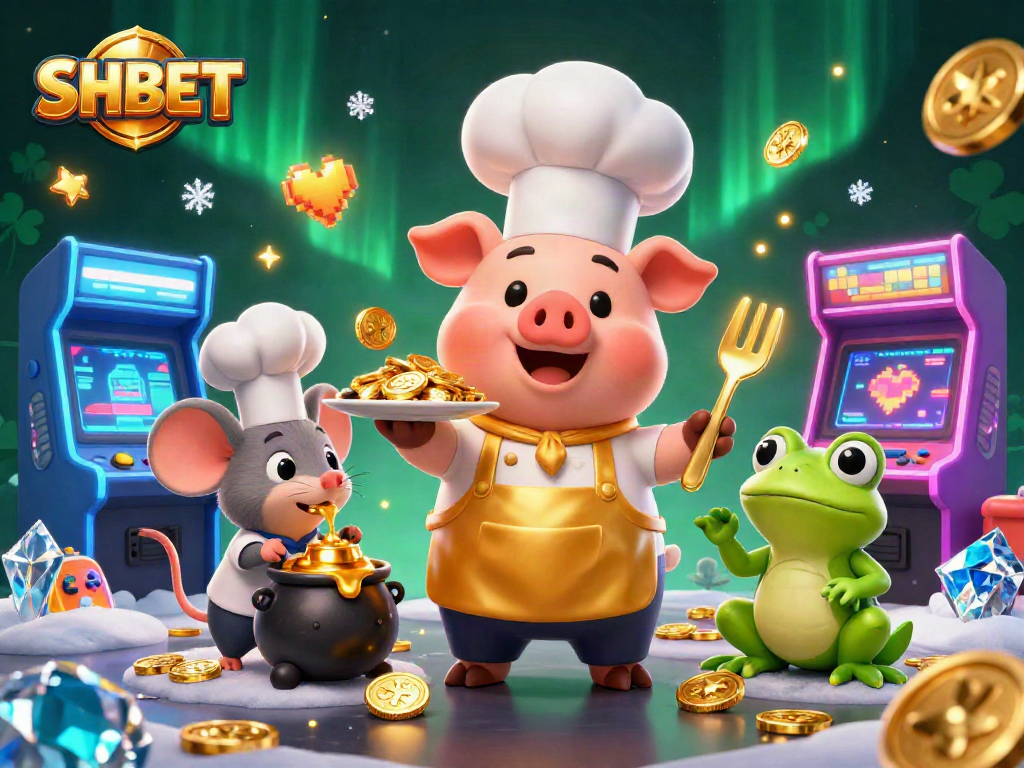 Bet on SHBET with a vibrant scene of a cooking pig, gold coins, and arcade elements.