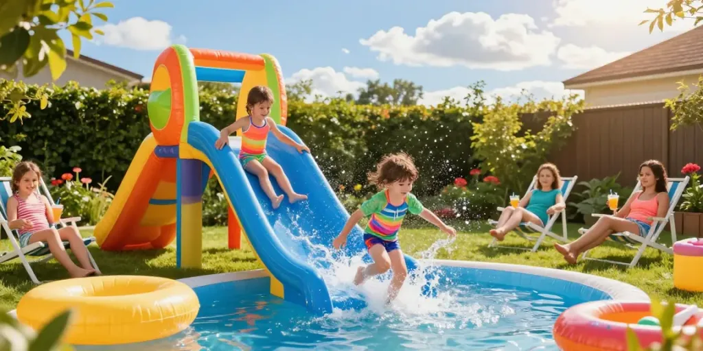 Children sliding down a colourful slip and slide in a sunny backyard, surrounded by inflatable toys and a joyful atmosphere.