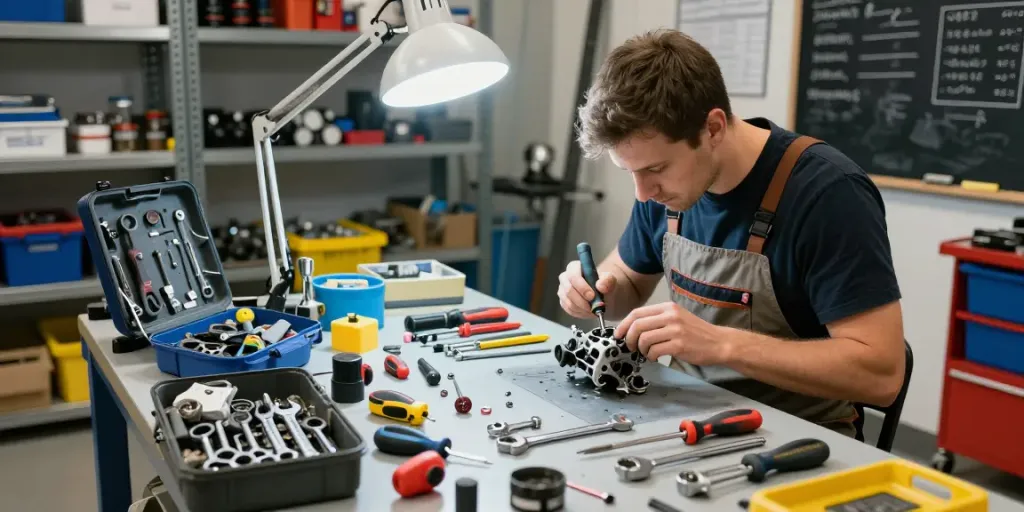 Technician using beta tools on a well-organized workbench in a professional workshop.