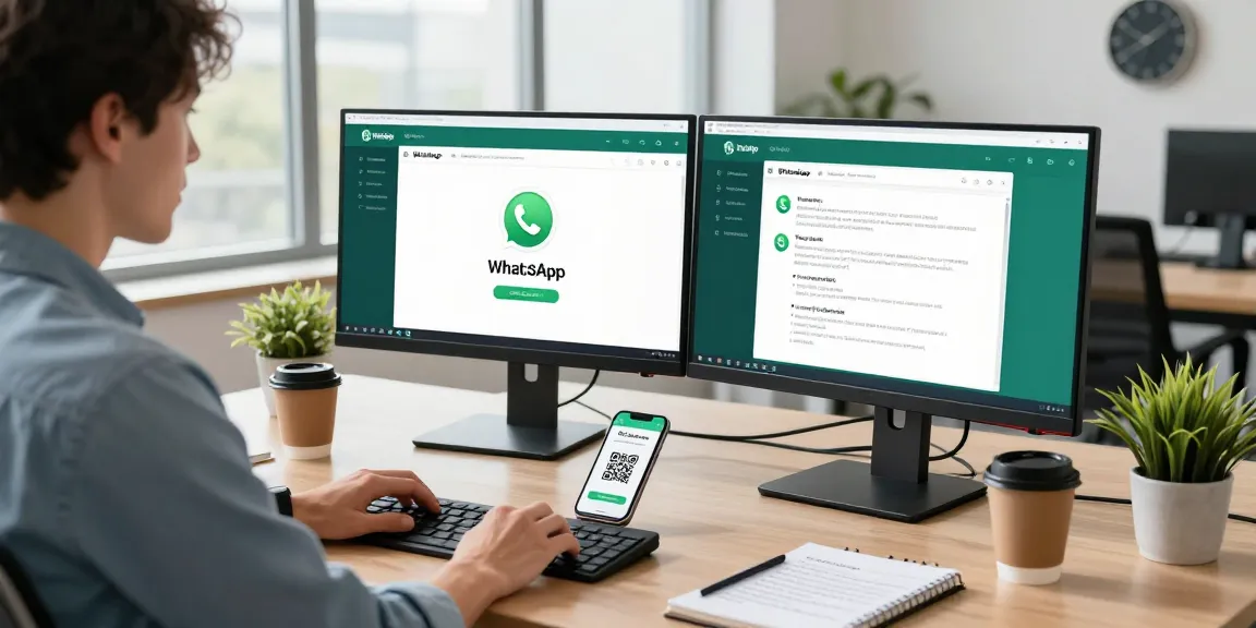 Professional user utilizing WhatsApp 網頁版 in a modern tech workspace with dual monitors and natural lighting.