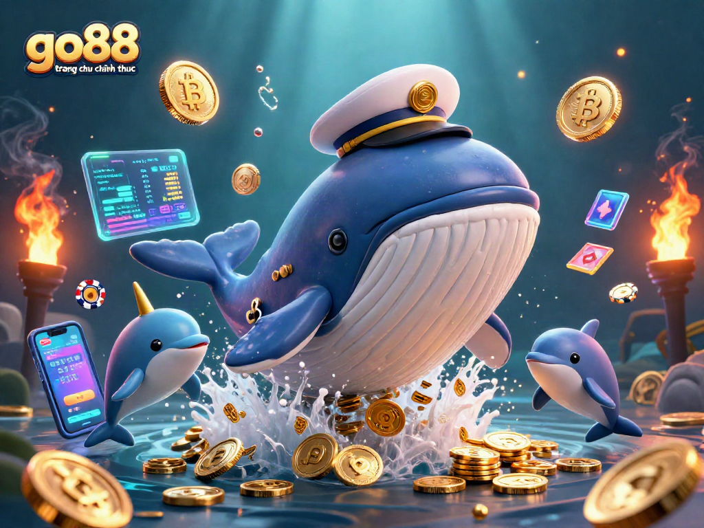 Experience the thrill of go88 trang chu chinh thuc with a vibrant illustration featuring a whale and cryptocurrency elements.