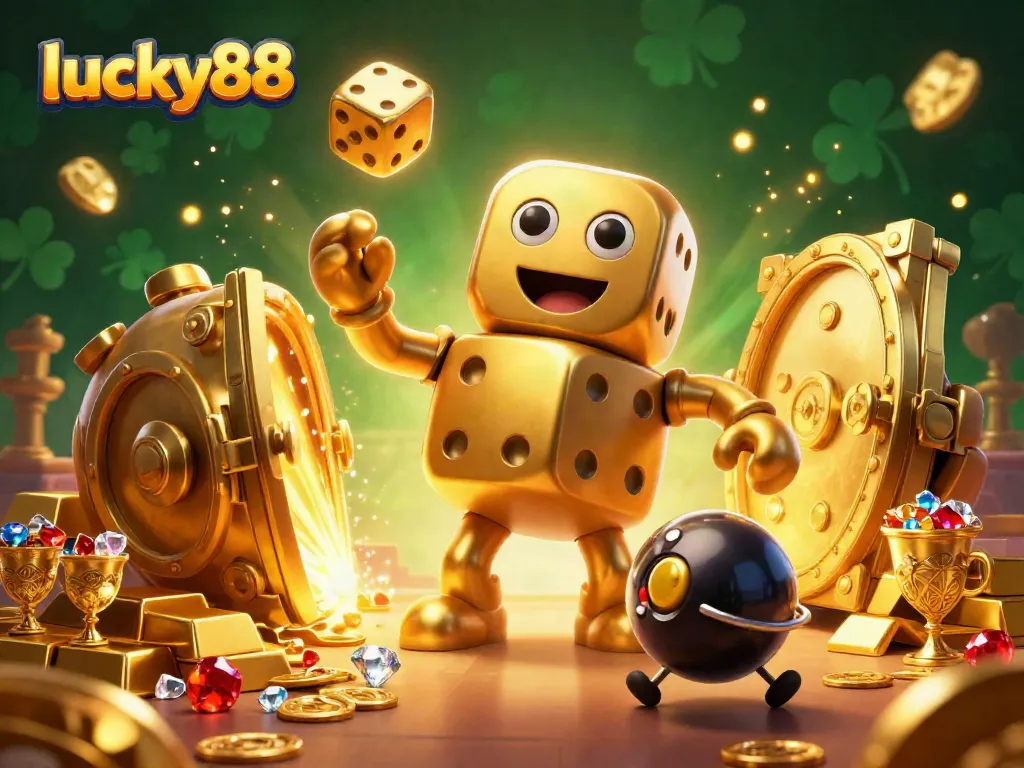 Experience the thrill of lucky88 with a dynamic golden dice golem juggling in a treasure-filled casino.