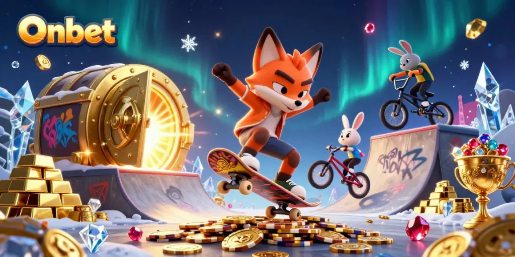 Onbet showcases a lively 3D scene with a fox performing tricks and casino-themed elements.