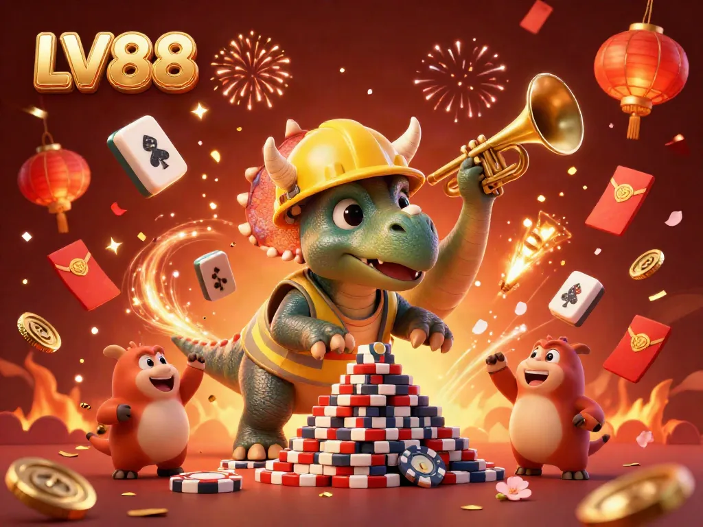 Celebrate gaming victories at LV88, featuring a vibrant, action-packed illustration of cartoon dinosaurs amidst lively casino elements.