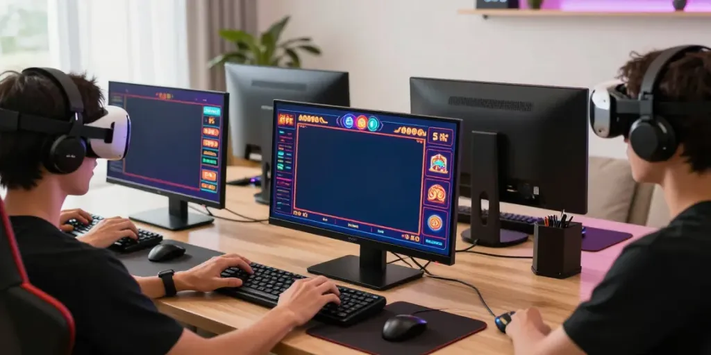 Enthusiastic player engaging with http://debet-onl.com on smartphone in a vibrant gaming setup.