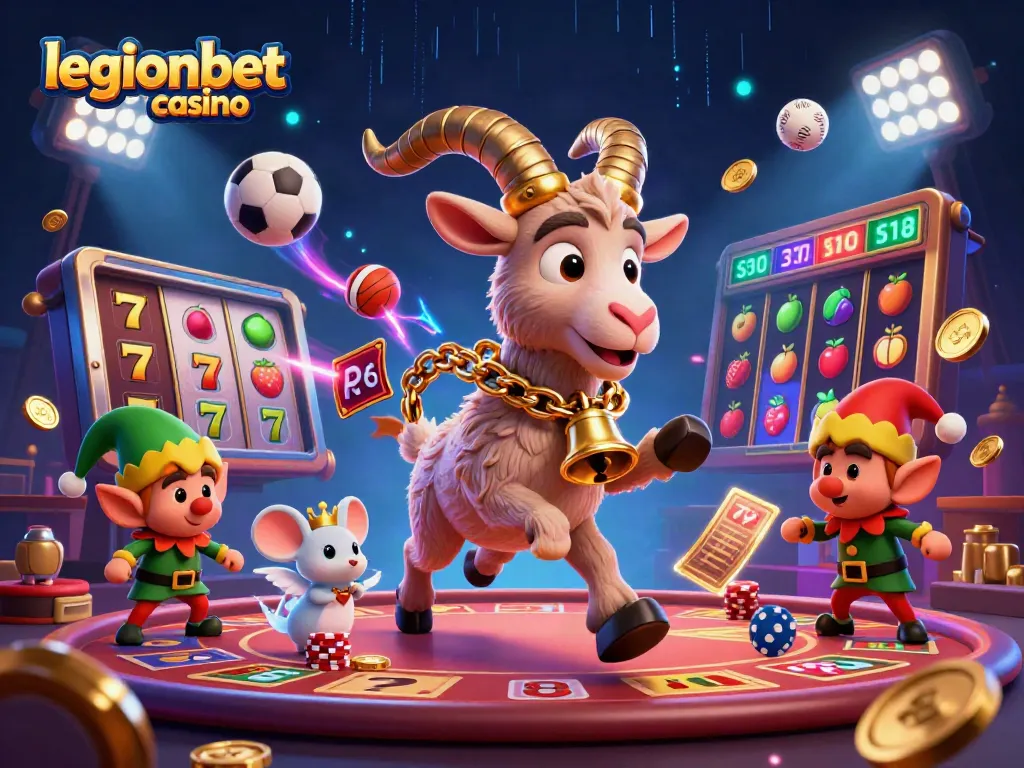 Experience legionbet casino with a festive Krampus hosting a chaotic gaming scene, featuring playful rogue characters.