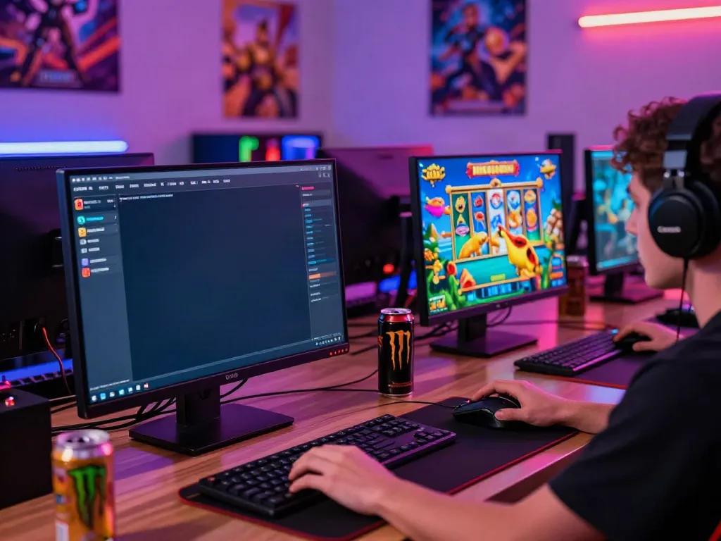 Dynamic gaming setup showcasing nhà cái gem88 with vibrant game interfaces and an engaged player.