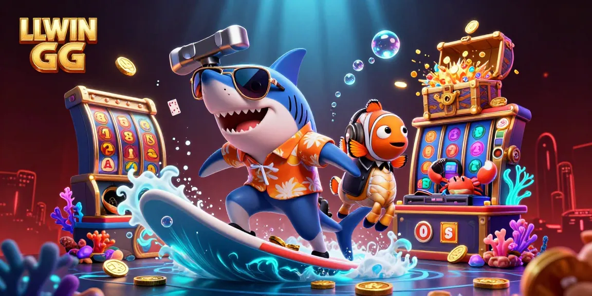 Experience the thrill of LLWIN GG with a lively 3D depiction of a shark and clownfish engaging in high-stakes casino fun.