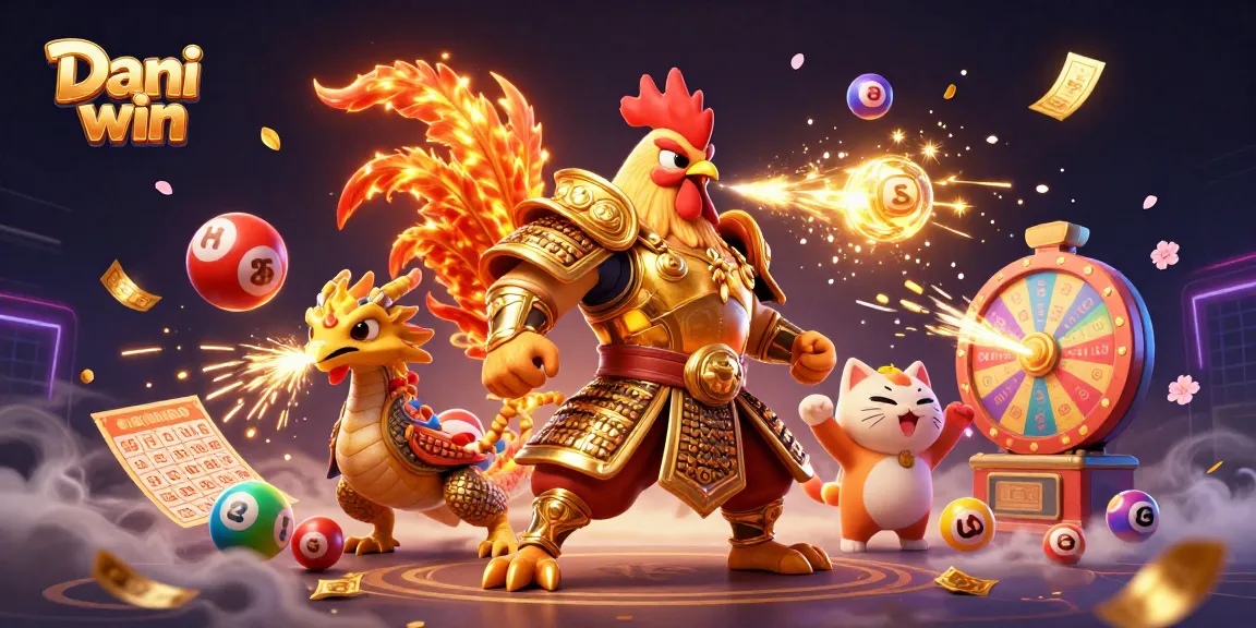 Dhani win showcases a vibrant 3D scene featuring a rooster warrior and dragon, amidst lottery balls and casino elements.