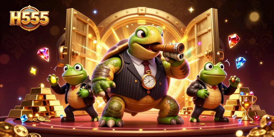 Join H555 for thrilling casino action featuring a turtle in a mobster suit amid sparkling treasures.