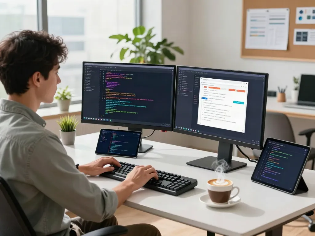 Developer showcasing instant indexing in a tech workspace with dual monitors and coding tools.