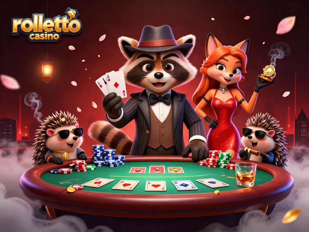Experience high-stakes excitement at Rolletto Casino with a charming raccoon and friends.