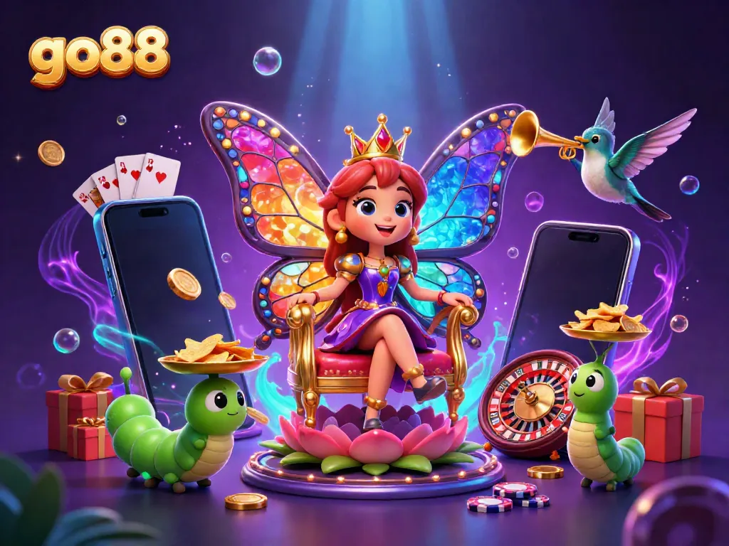 Experience the vibrant world of go88 with a stunning illustration of a butterfly queen and casino games.