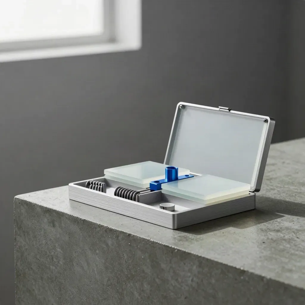 Modular widget kit in aluminium, frosted acrylic and blue joiner on concrete, softly lit.