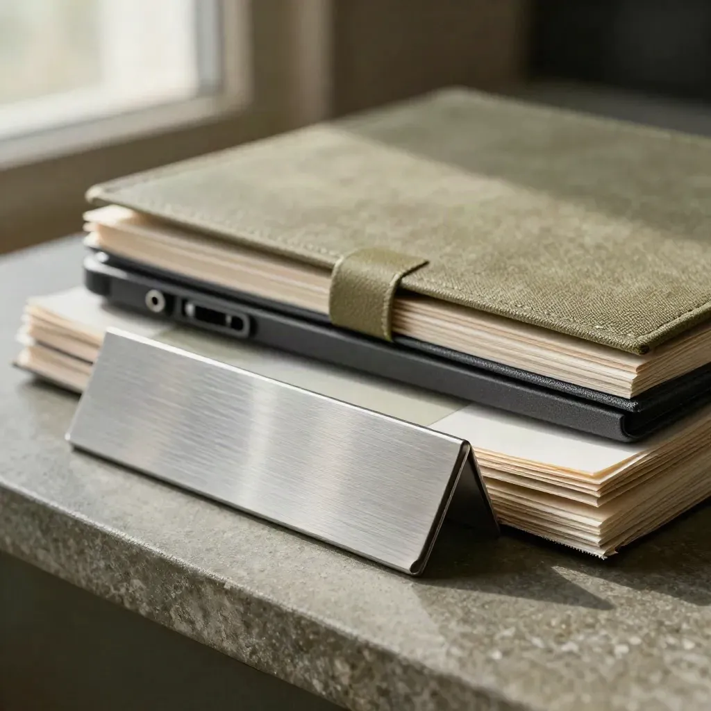 Macro still life of proof cards, aluminium rail, SSD case and linen portfolio on an olive shelf.