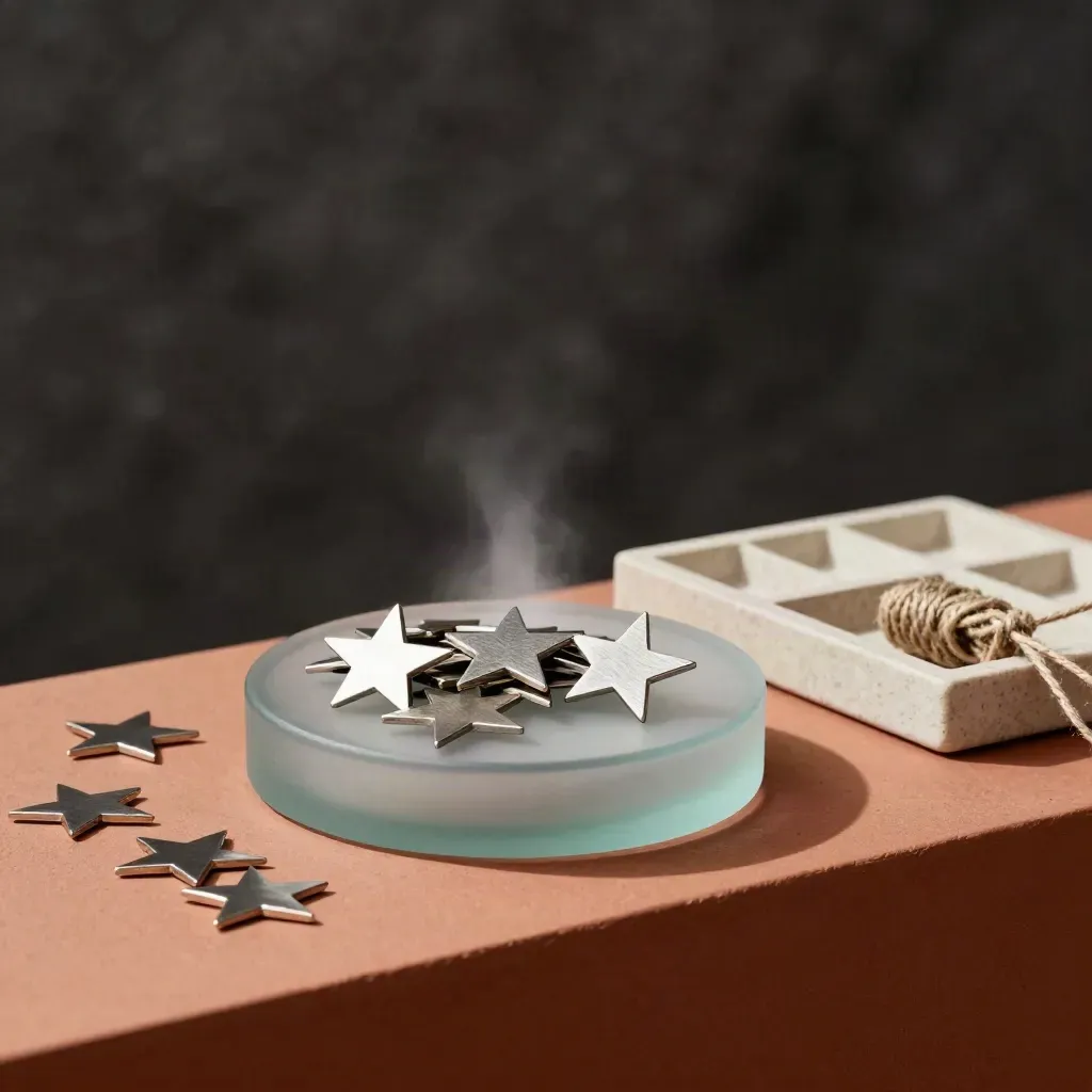 Close-up of pewter star tokens, frosted glass pedestal, sample tray and twine on terracotta.
