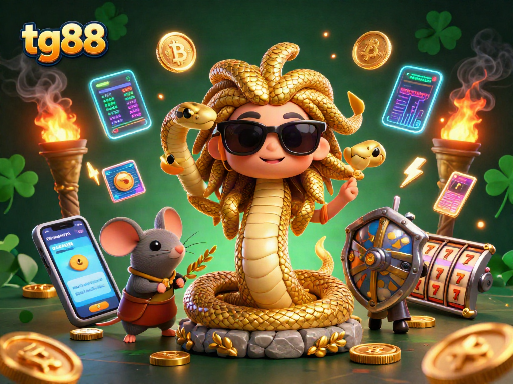 Experience the excitement of tg88 with a friendly Medusa and vibrant gambling elements in this lively 3D illustration.