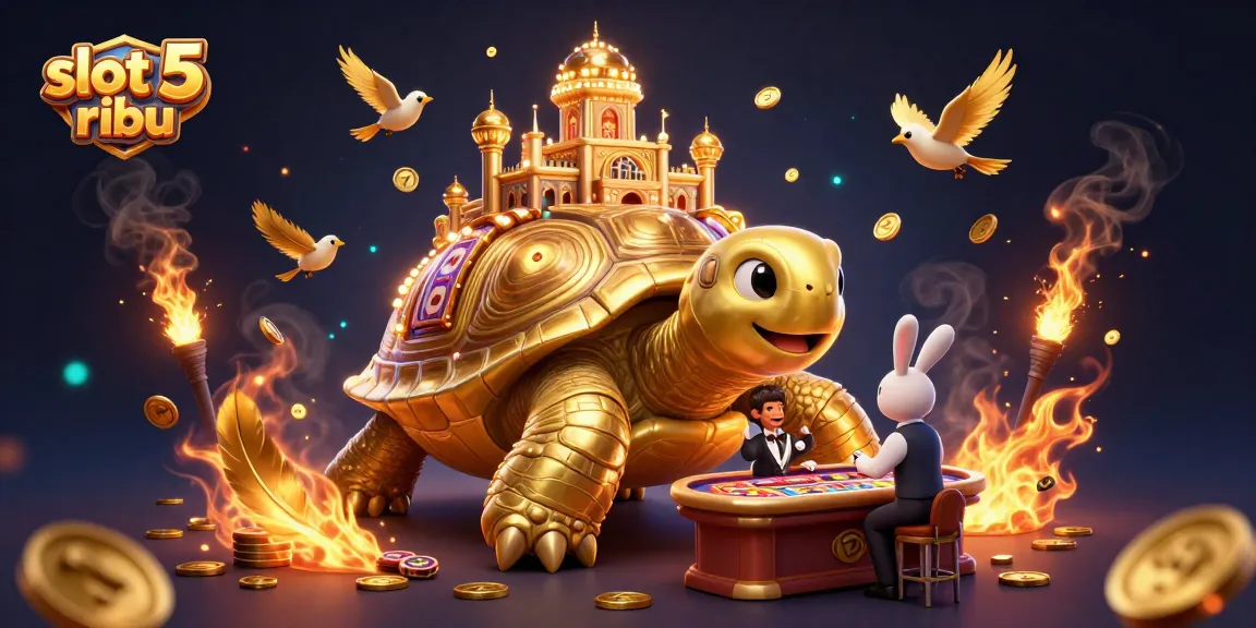 Experience the excitement of slot 5 ribu with a golden tortoise casino, vibrant action, and dynamic elements.