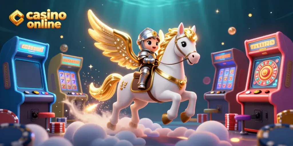Experience casino online adventure with a celestial horse and knight amid colorful game elements.