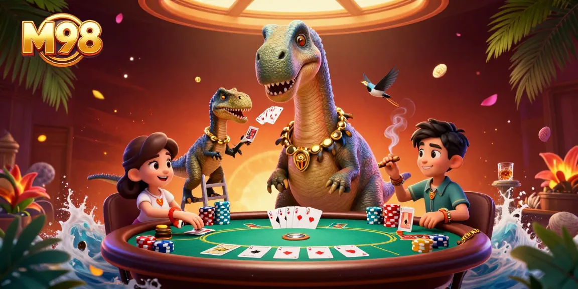 Engage in thrilling poker action at M98 with a unique 3D scene of a brontosaurus and clever raptor dealer.