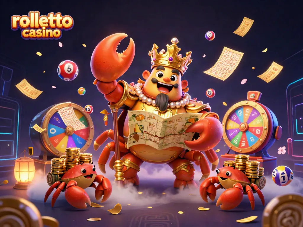 Engage at rolletto casino with vibrant lottery balls and a golden crab emperor in action.
