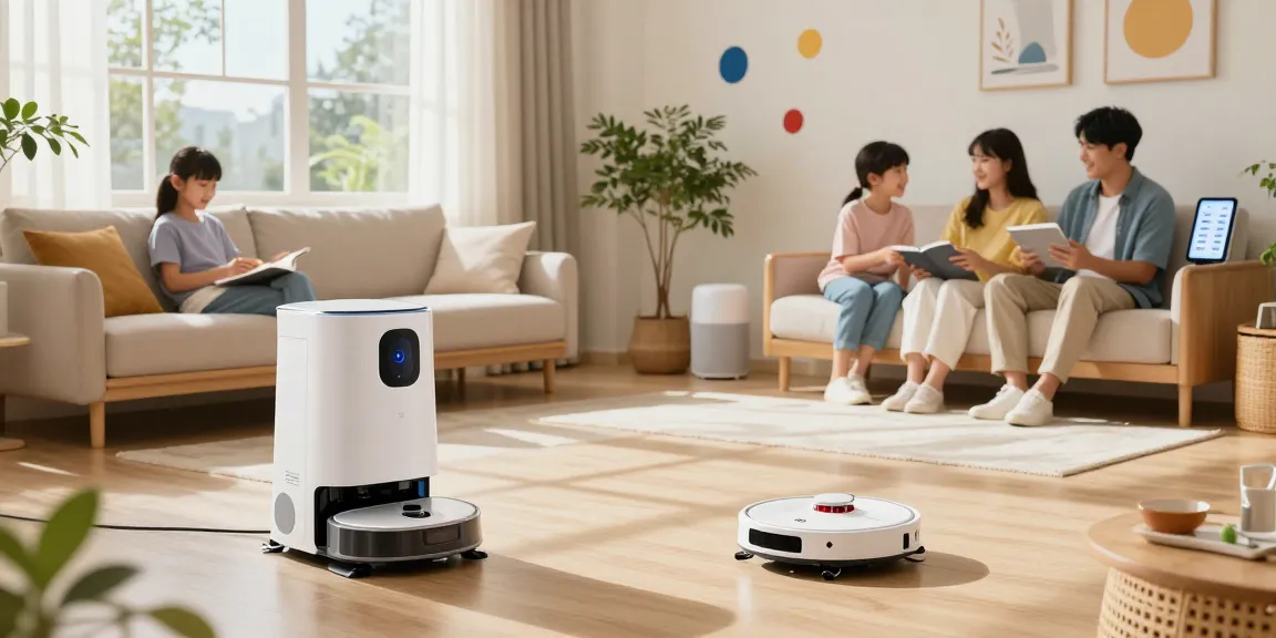 The advanced home robot 2026 vacuuming a bright living room while a family relaxes, showcasing a modern and tech-friendly home environment.