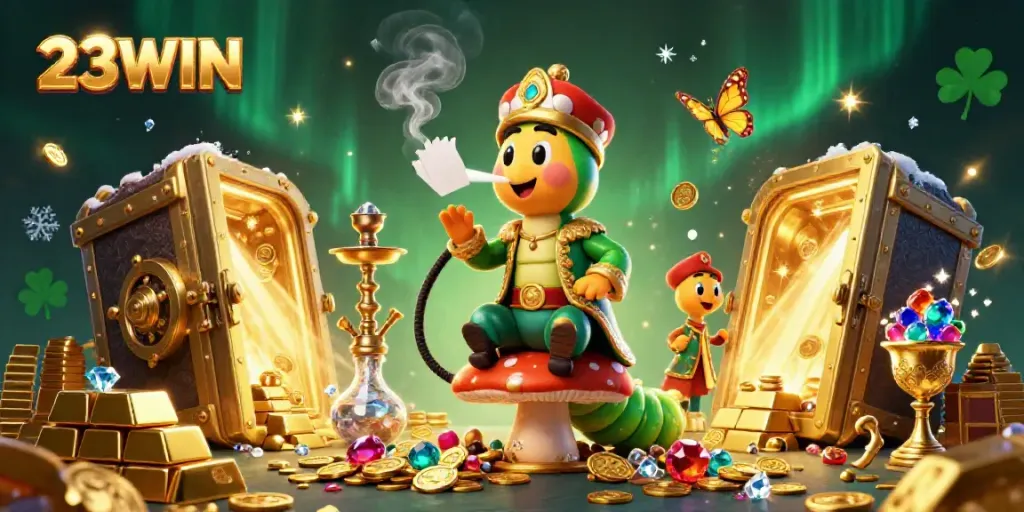Experience high-stakes gameplay with 23WIN in a vibrant casino backdrop featuring captivating 3D characters.