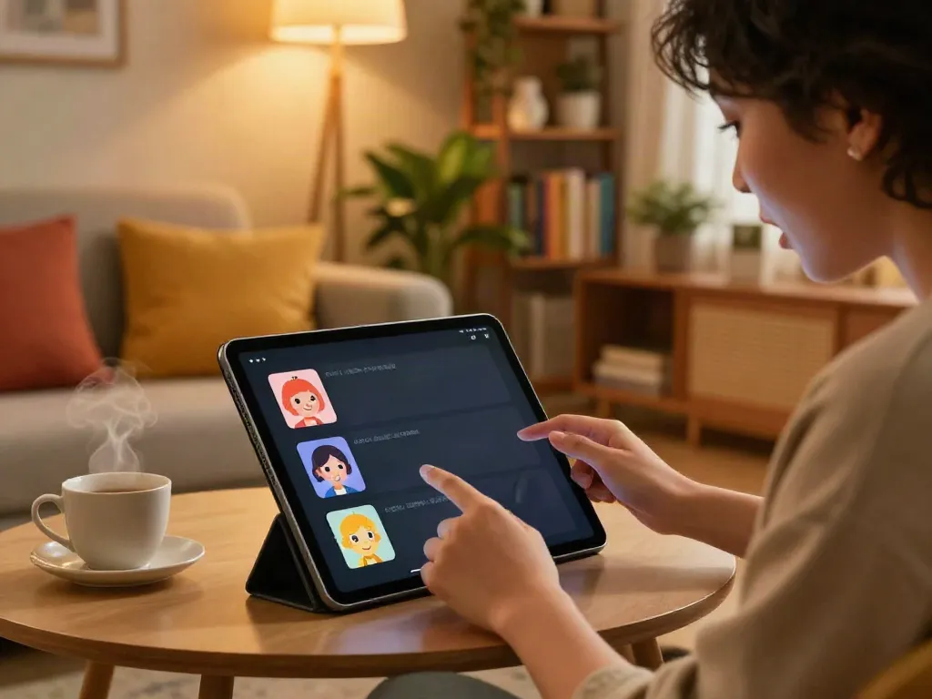 Engaging in ai chat porn on a tablet with vibrant character avatars in a cozy setting.