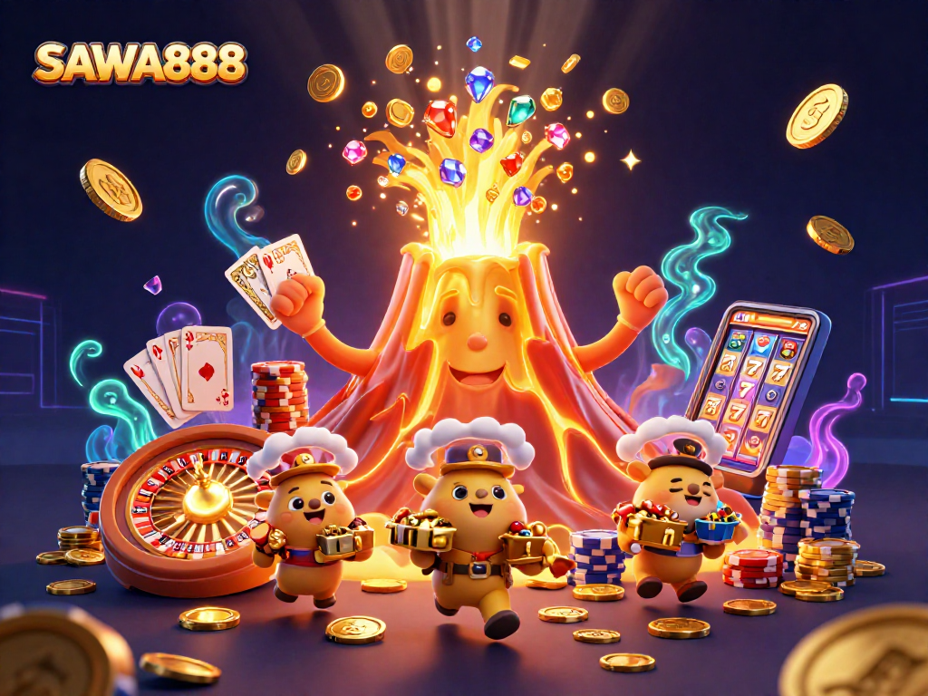 SAWA888 unleashes thrilling moments with vibrant treasures and games in an energetic casino illustration.