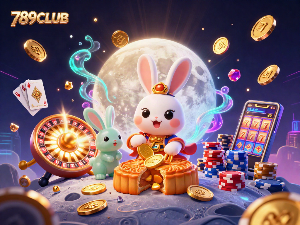 Winning big at 789CLUB with a vibrant casino-themed lunar illustration featuring playful characters.