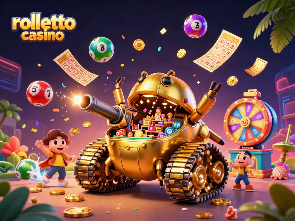 Experience the rolletto casino with a vibrant 3D illustration showcasing a golden tank casino filled with excitement and games.
