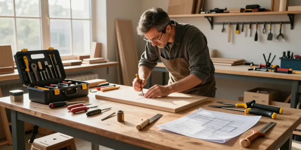Craftsman utilizing beta tools in a professional woodworking workshop, showcasing quality and precision.