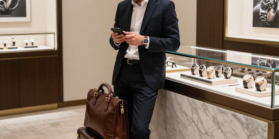 Individual admiring a collection of clone watches in a luxury boutique, showcasing craftsmanship and elegance.