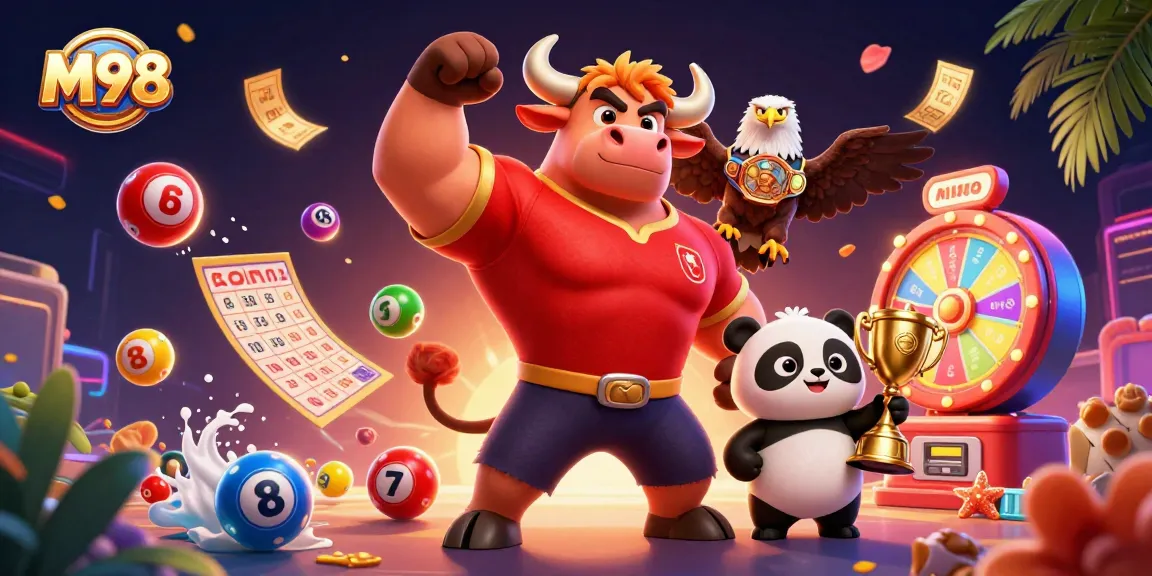 M98 brings exciting gaming adventures with a triumphant bull mascot, eagle, and panda amidst vibrant illustrations.
