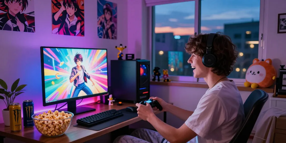 Engaged gamer playing a thrilling hentai game in a cozy lighted room