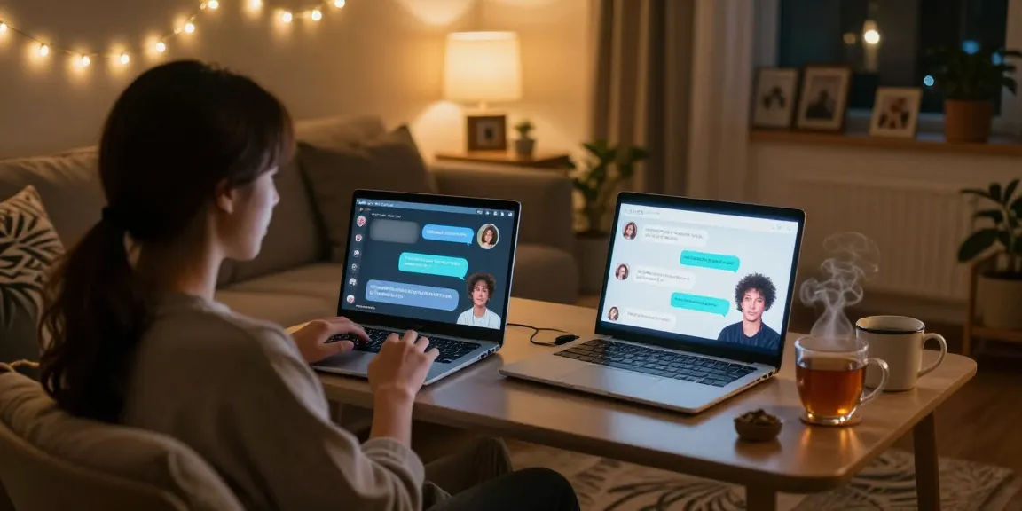 AI sex chat couple engaging comfortably in a cozy setting with glowing screens and warm atmosphere.