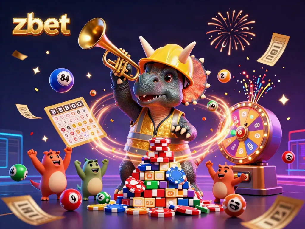 Engage in thrilling zbet casino fun with 3D cartoon characters celebrating around vibrant game elements.