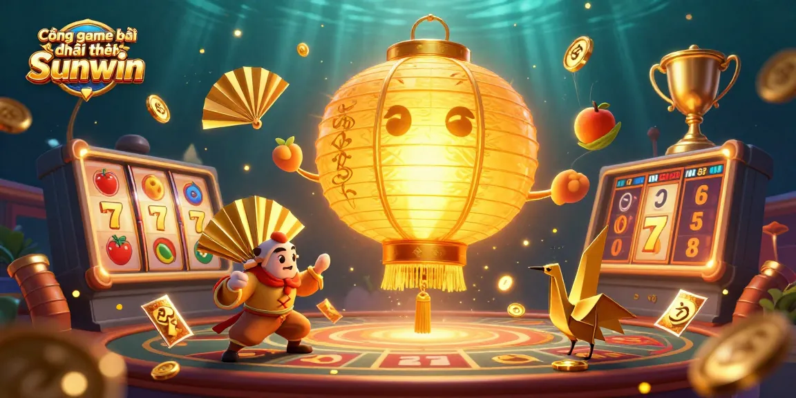Cổng game bài đổi thưởng Sunwin showcases an enchanting golden lantern spirit with casino elements, embodying excitement in gambling.