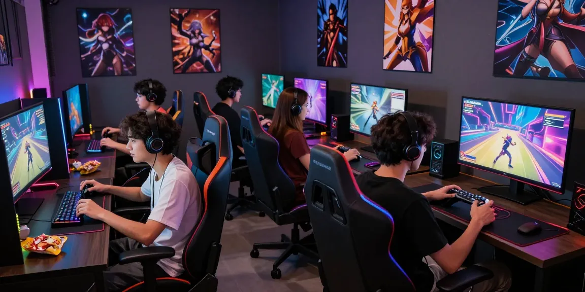 Players engaged in ecchi games surrounded by vibrant graphics and gaming gear in a lively gaming lounge.