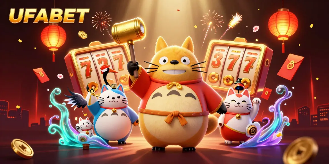 Engage with UFABET by spinning lucky slots amidst cheerful characters and lively casino elements.