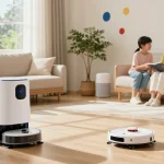 The advanced home robot 2026 vacuuming a bright living room while a family relaxes, showcasing a modern and tech-friendly home environment.