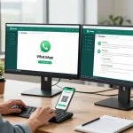 Professional user utilizing WhatsApp 網頁版 in a modern tech workspace with dual monitors and natural lighting.