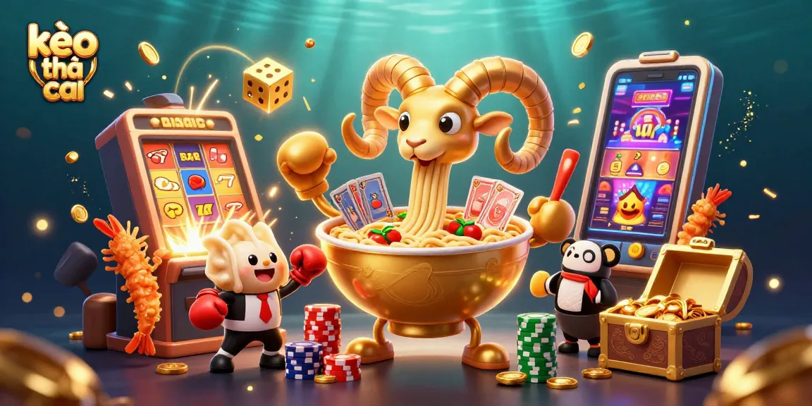 Engage with kèo nhà cái in a vibrant scene featuring a whimsical ramen bowl dealer and exciting casino elements.