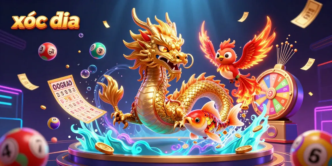 Engaging xóc đĩa gameplay scene with a dragon, phoenix, and koi fish amidst coins and colorful elements