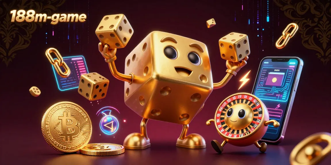 Experience thrilling gaming moments with 188m-game featuring vibrant golden dice and crypto elements.